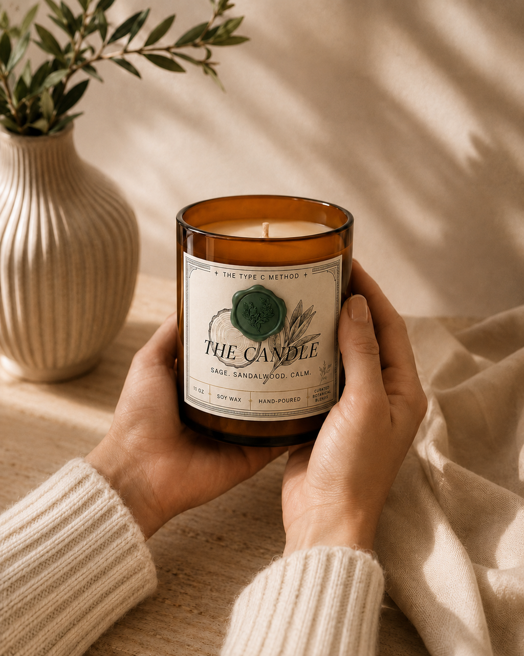 A person wearing a cozy cream knit sweater holding an 11 oz amber jar candle from The Type C Method. The candle features a proprietary sage and sandalwood label with a prominent green wax seal emblem, styled against a warm, neutral background with a textured ceramic vase, green sprigs, and soft dappled sunlight.