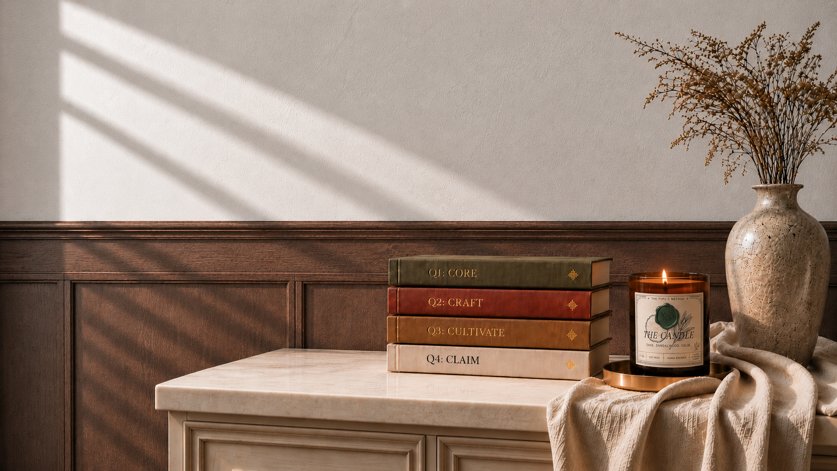 Quiet luxury editorial mockup of four stacked workbooks from The Type C Method: Volume 1 CORE, Volume 2 CRAFT, Volume 3 CULTIVATE, and Volume 4 CLAIM. The books sit on a minimalist console table next to a lit amber jar candle and a textured ceramic vase with dried foliage, framed by dramatic morning sunlight shadows.