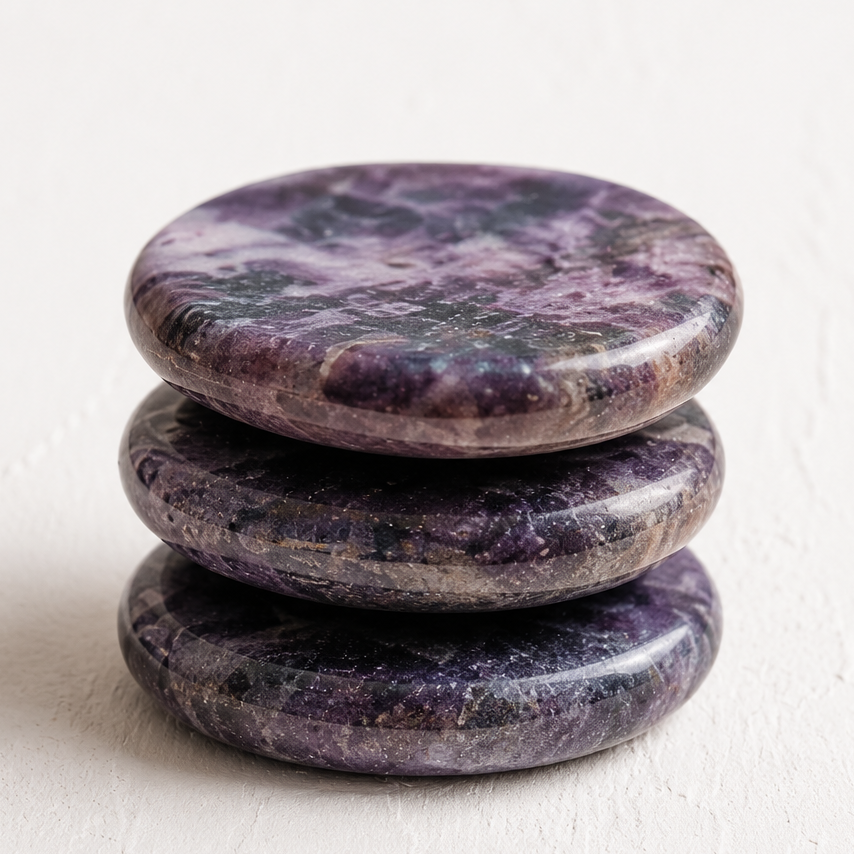 A close-up shot of a stack of three smooth, polished lepidolite worry stones from The Type C Method, highlighting the rich purple, lavender, and grey marbled textures on a clean, off-white textured surface.