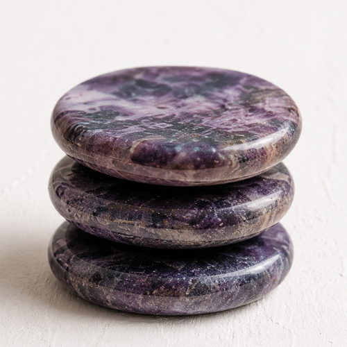 A close-up shot of a stack of three smooth, polished lepidolite worry stones from The Type C Method, highlighting the rich purple, lavender, and grey marbled textures on a clean, off-white textured surface.