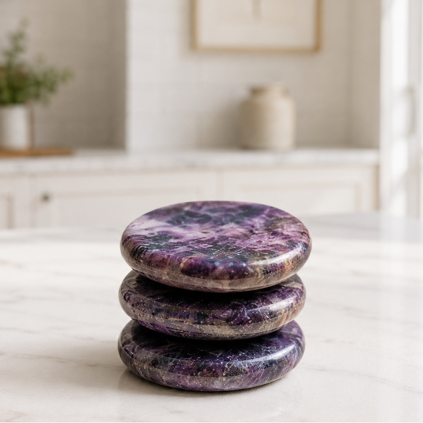 A stack of three smooth, polished lepidolite worry stones from The Type C Method, displaying rich purple and lavender marbled patterns. The pocket stones rest on a white marble surface in a bright, minimalist, quiet luxury interior setting.