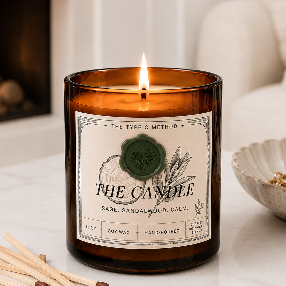 A close-up of a lit hand-poured 11 oz amber jar candle from The Type C Method with a proprietary sage and sandalwood label, resting on a white marble surface next to wooden matches with a blurred fireplace background.