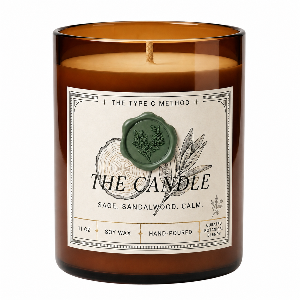 An e-commerce product isolated shot of an unlit 11 oz hand-poured soy wax candle from The Type C Method. The amber glass jar displays a cotton wick and a detailed cream label for the Sage, Sandalwood, and Calm blend with a green botanical wax seal, set against a seamless white background.