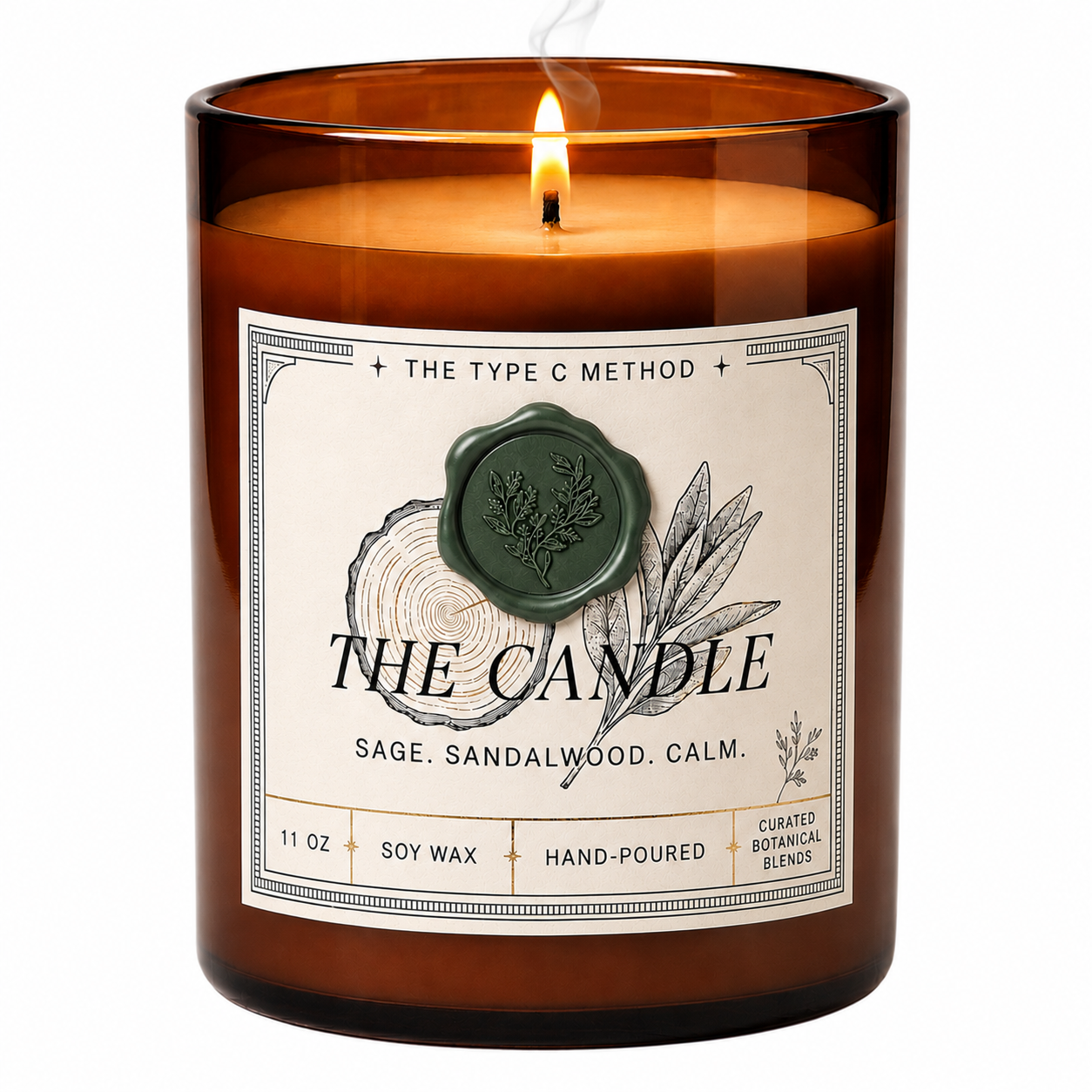 An e-commerce product isolated shot of a lit 11 oz hand-poured soy wax candle from The Type C Method. The amber glass jar displays a detailed cream label for the Sage, Sandalwood, and Calm blend with a green botanical wax seal, set against a seamless white background.