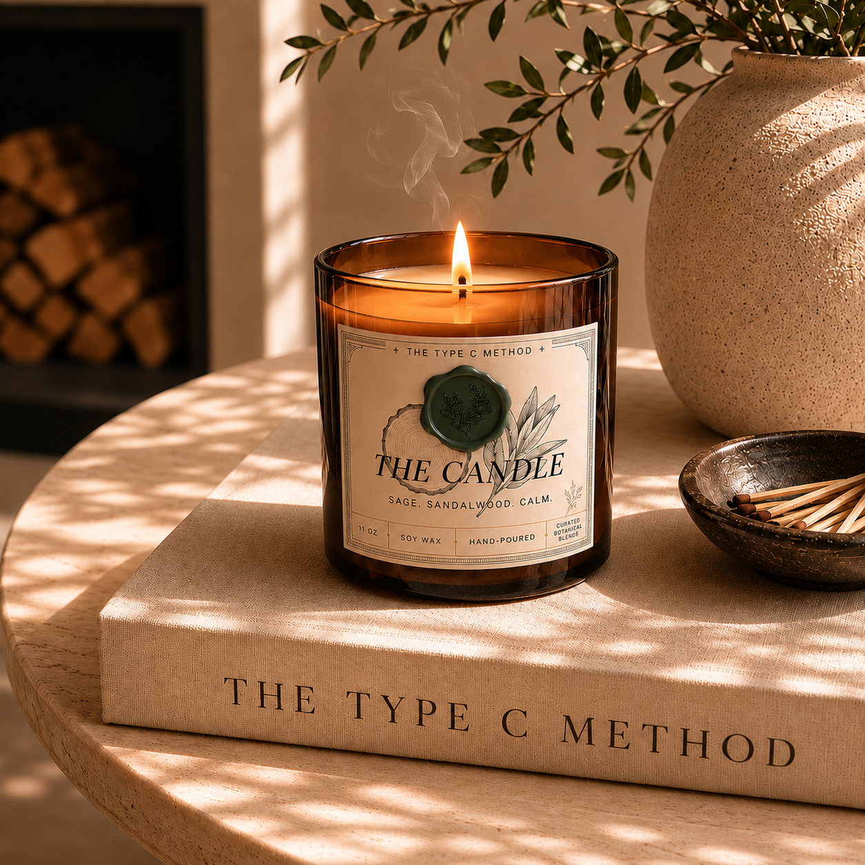 A lit hand-poured amber glass candle from The Type C Method resting on a cream linen workbook, styled on a wooden table with a small bowl of matches, organic sage branches, and warm dappled afternoon shadows.