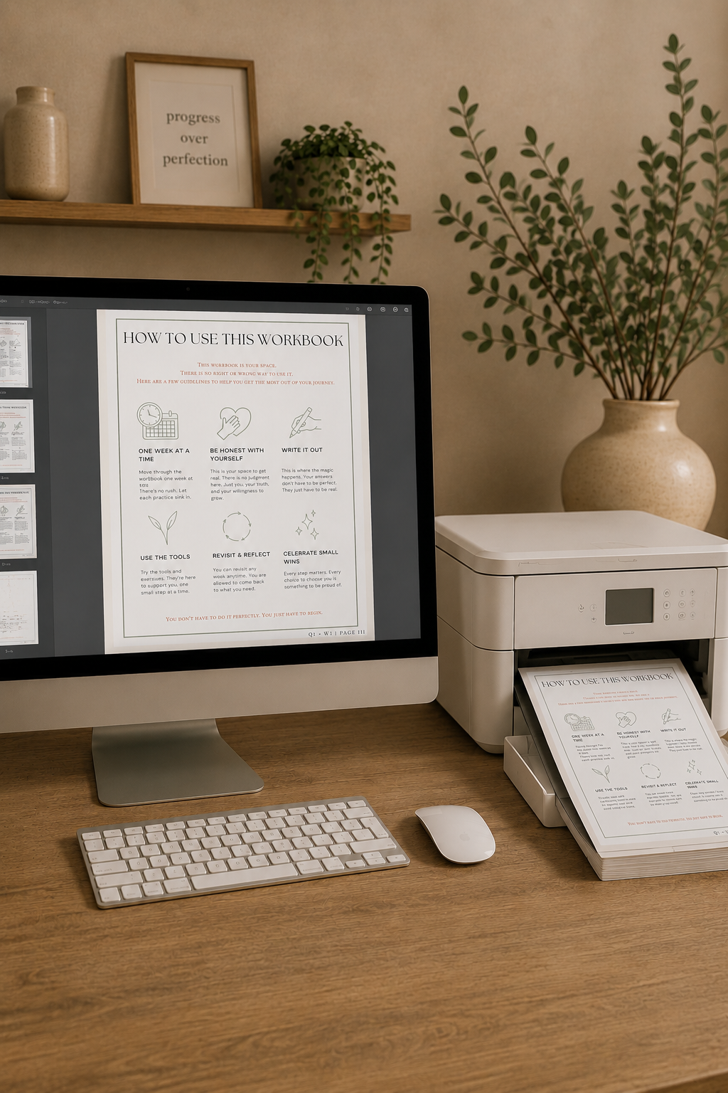 Desktop computer monitor and a white home printer displaying the printed page of the Type C Method workbook guide on a warm wood home office desk.