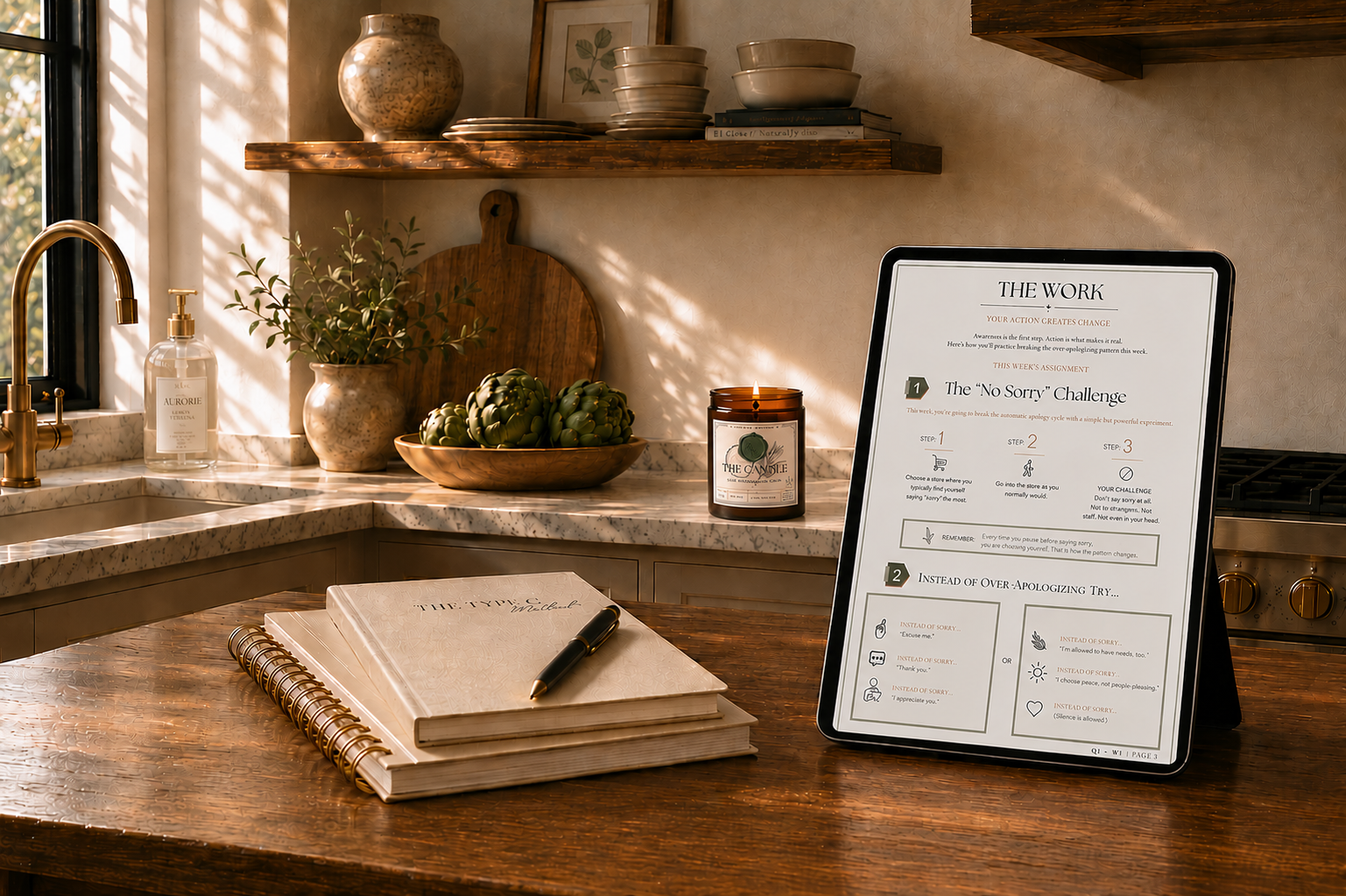 A digital tablet propped open on a wooden kitchen table displaying the Type C Method free lesson and No Sorry Challenge next to branded notebooks and a lit amber jar candle.
