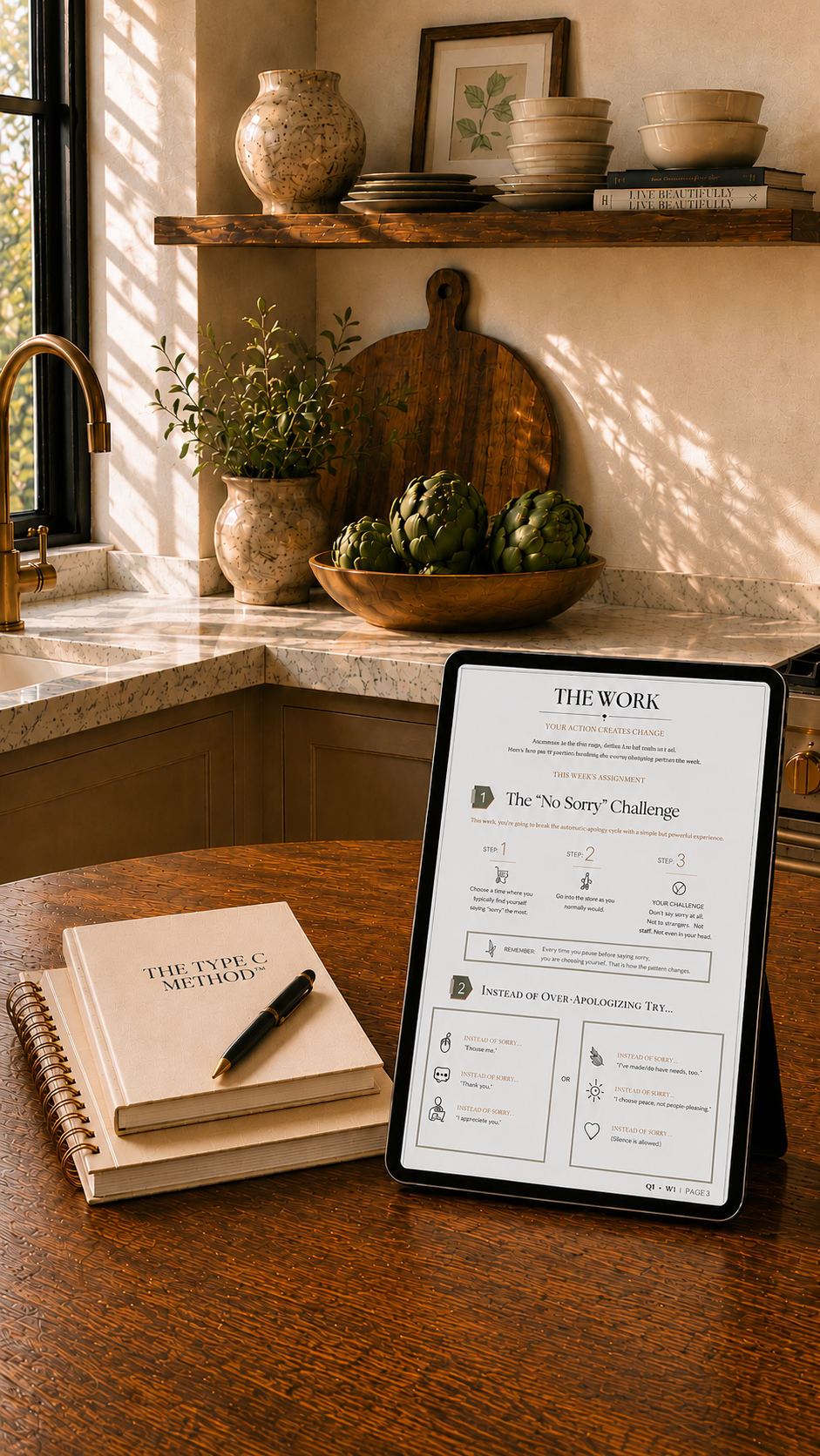 Vertical tablet screen displaying the No Sorry Challenge kitchen assignment standing on a wooden table next to a custom embossed Type C Method spiral notebook.